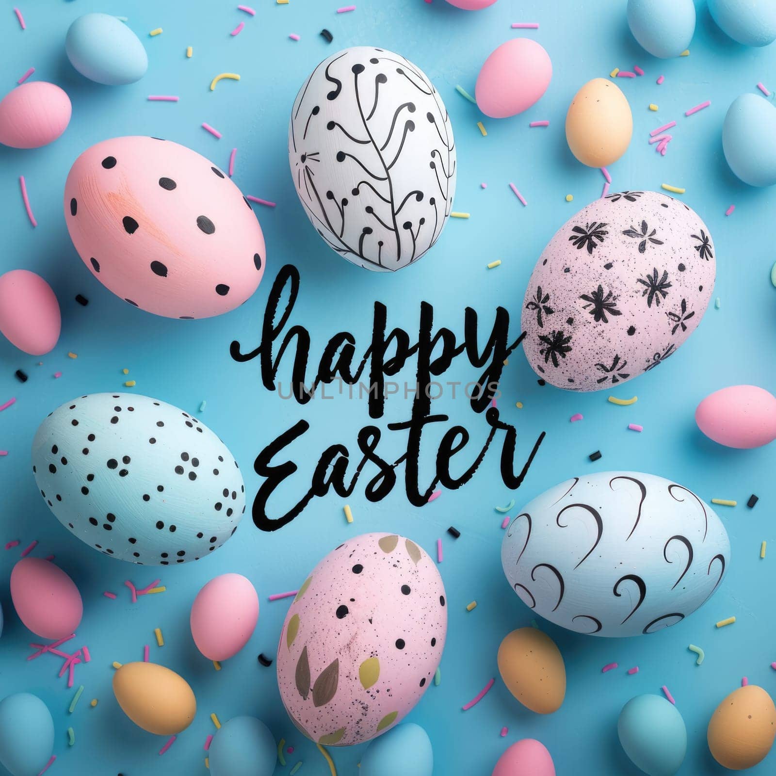 text happy Easter on pastel colored eggs. ai generated by Desperada