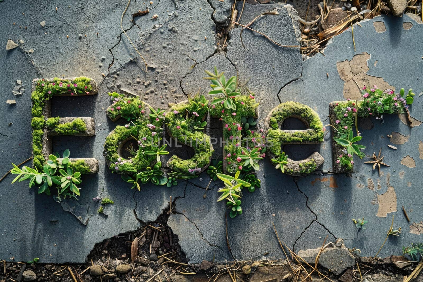 the word easter breaking out of a cement outdoors decorated with plants and flowers. ai generated