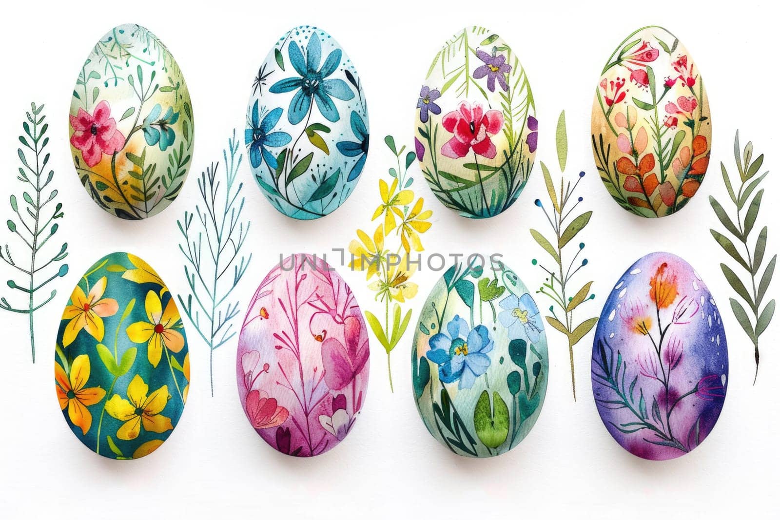 watercolor painting set of easter eggs and flowers on white, ai generated