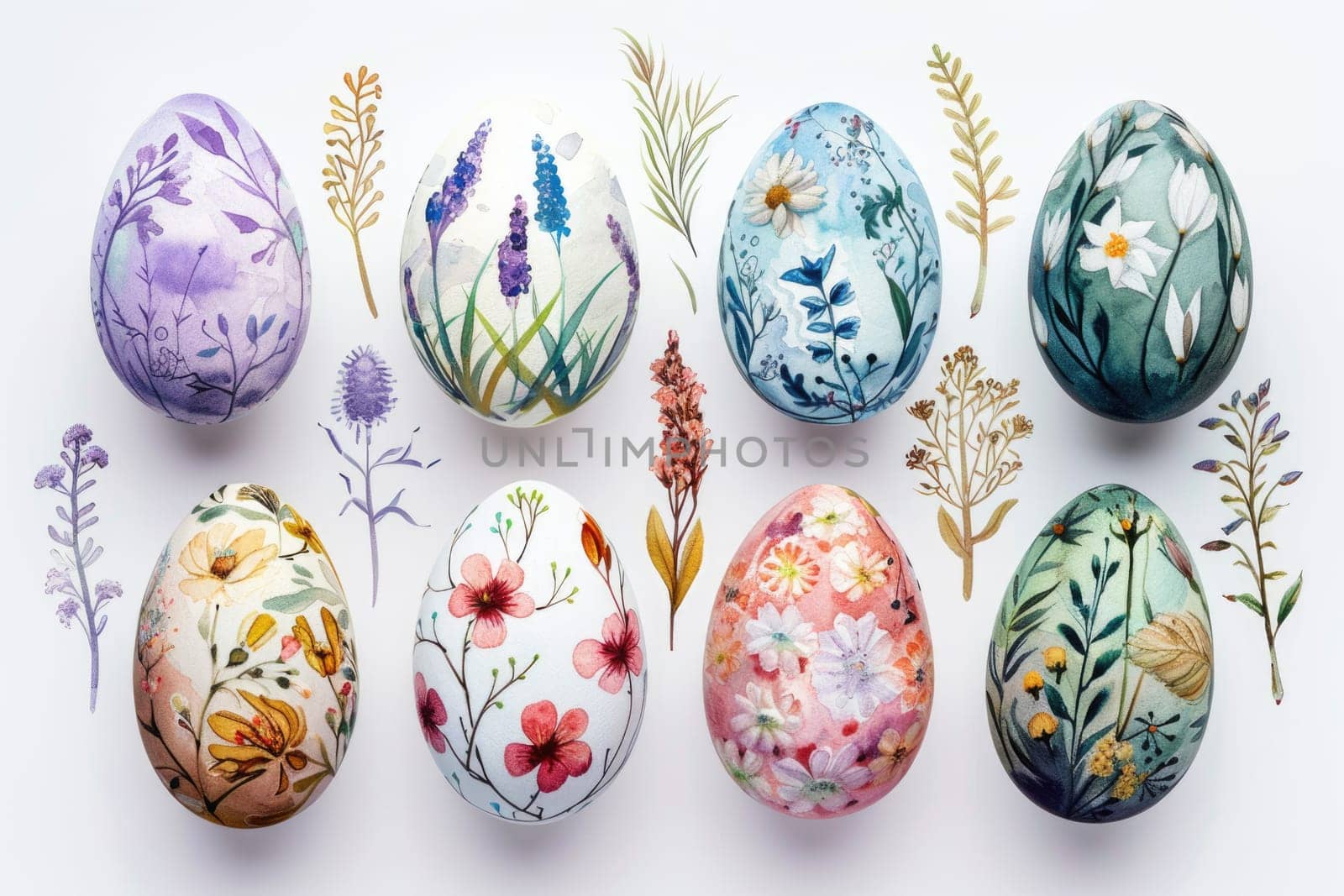 watercolor painting set of easter eggs and flowers on white, ai generated
