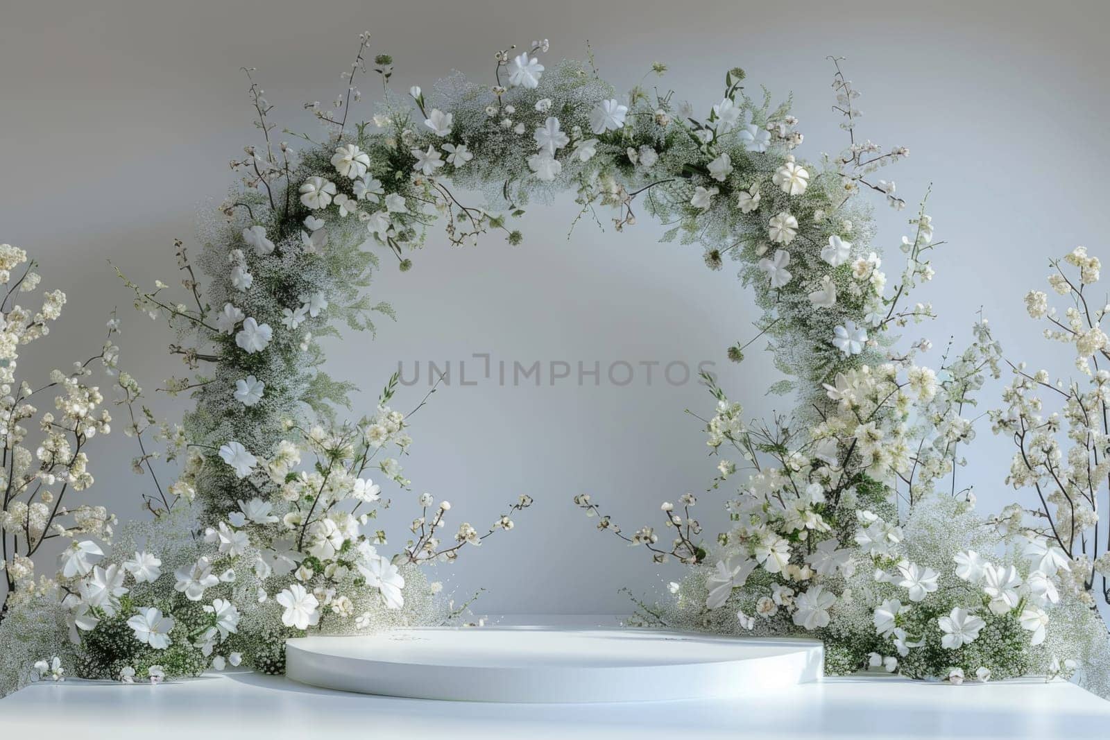 white stage podium with Easter wreath arch. ai generated