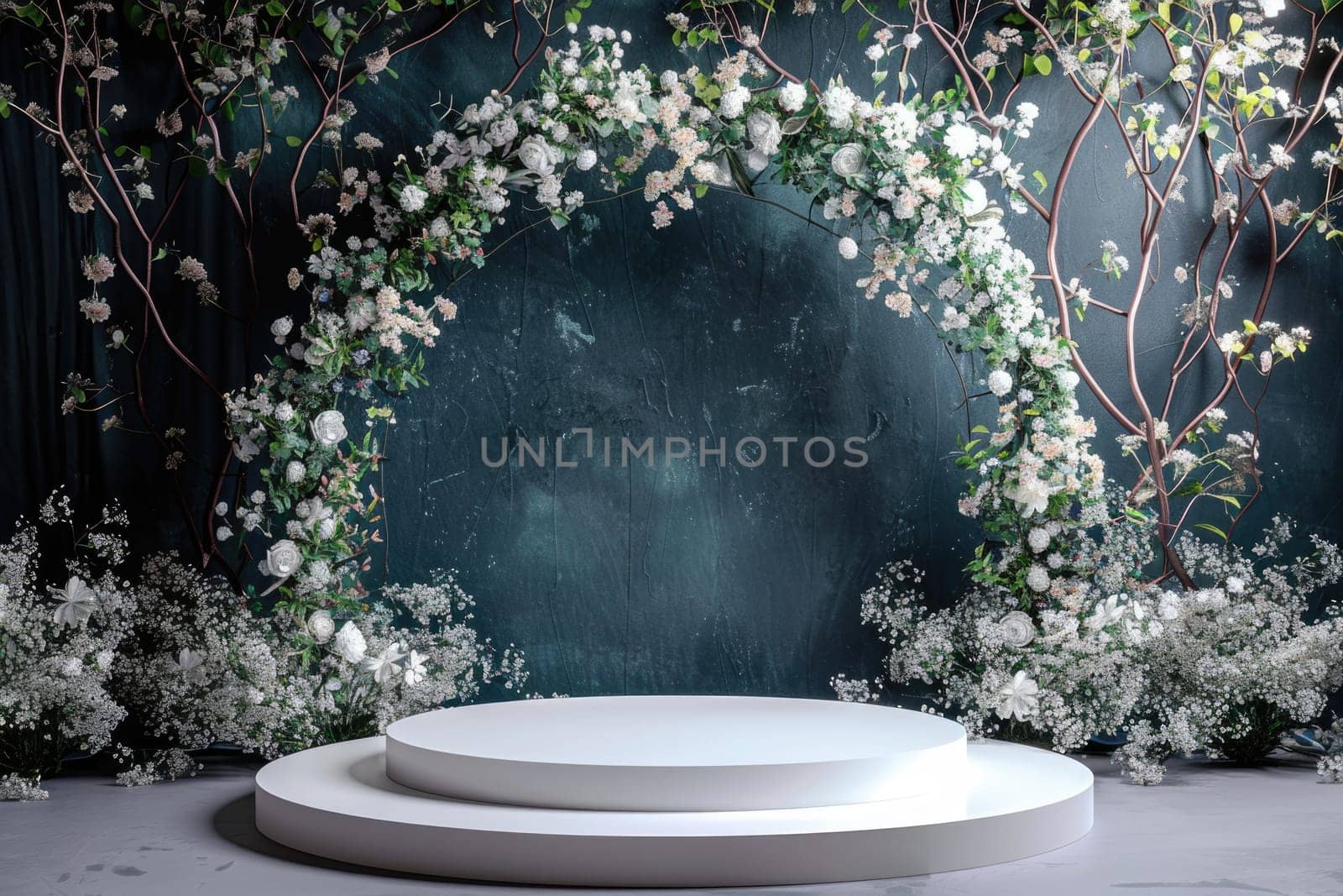 white stage podium with Easter wreath arch. ai generated