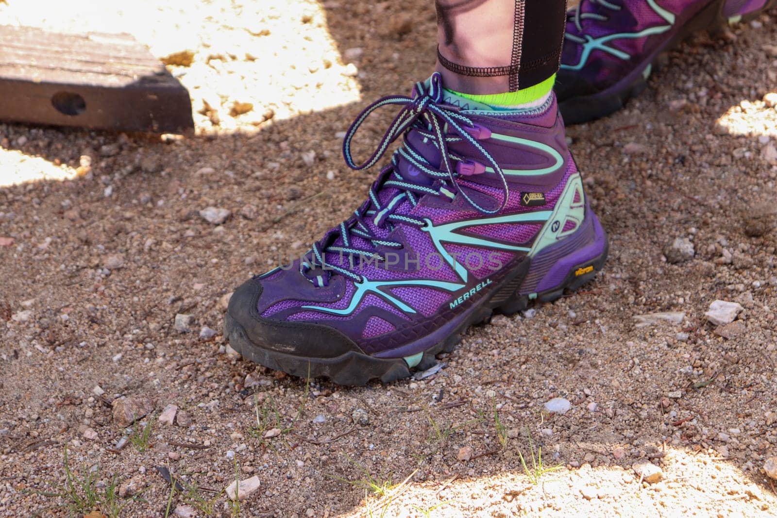 Purple merrel Women's hiking boot close up background . High quality photo