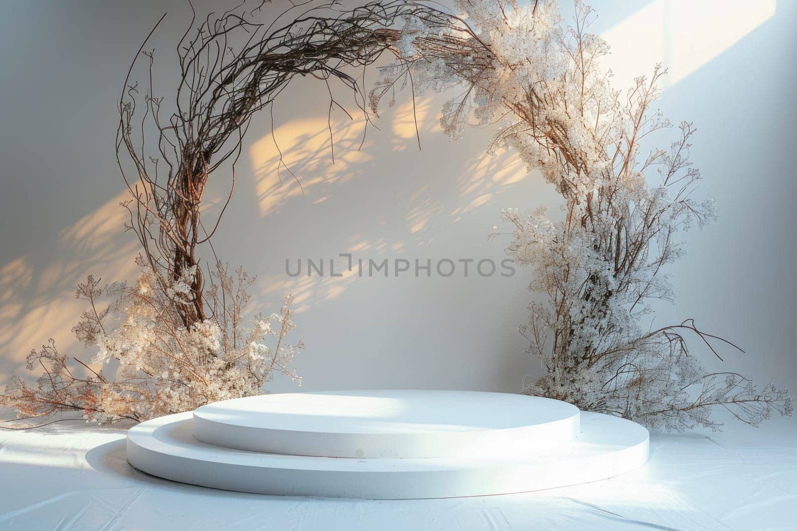 white stage podium with wreath arch. ai generated by Desperada