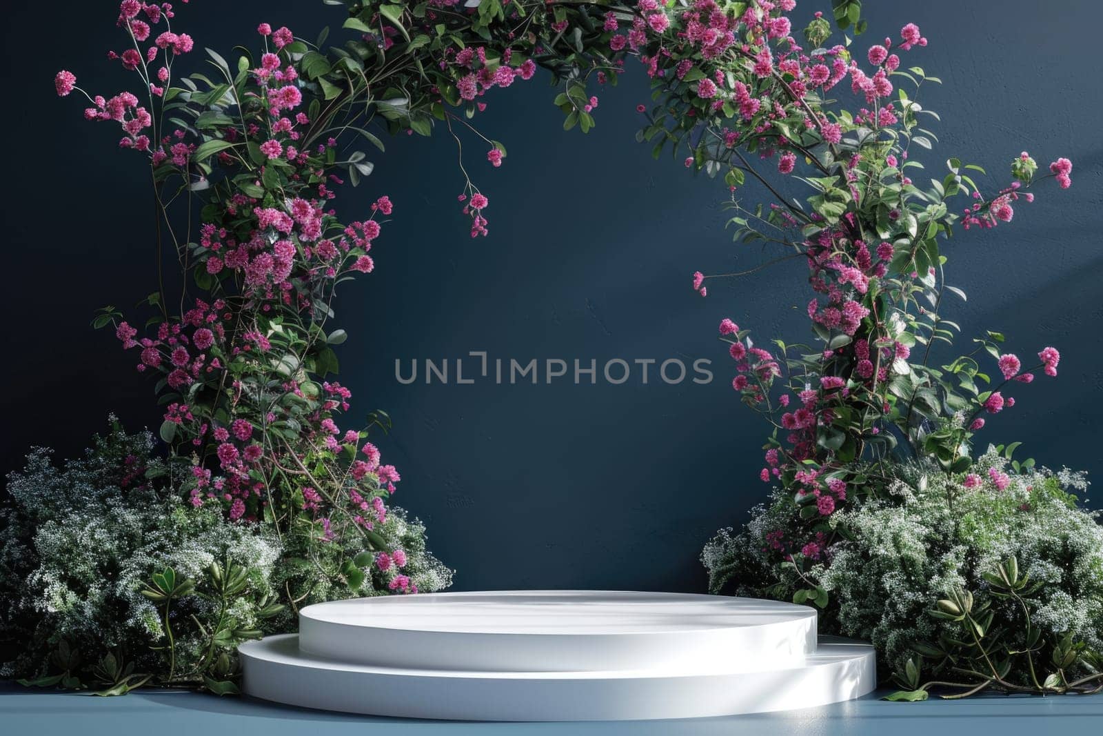 white stage podium with wreath arch. ai generated by Desperada