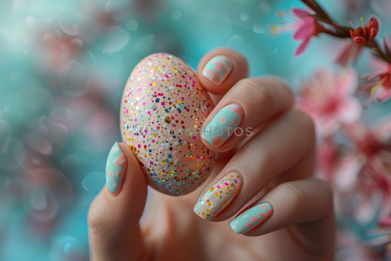 woman's hand with beautiful manicure Spring Easter Nail Design Art holding Easter egg. ai generated