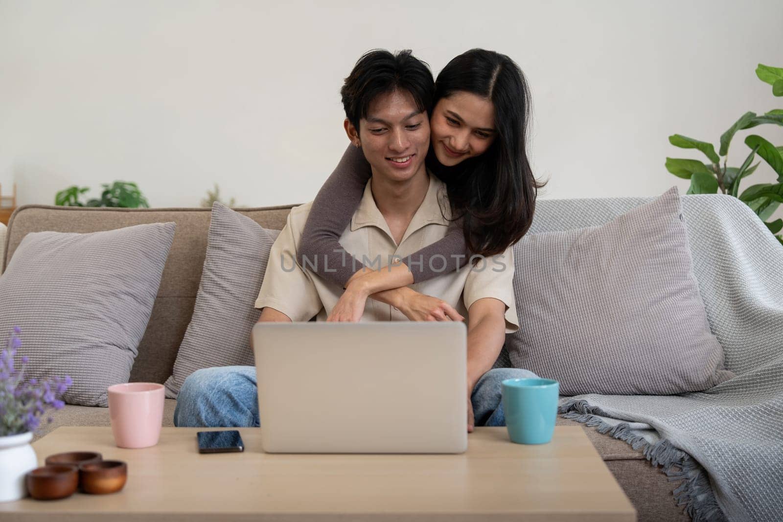 Happy couple asian sit relax on couch in living room watching video on laptop together at home.