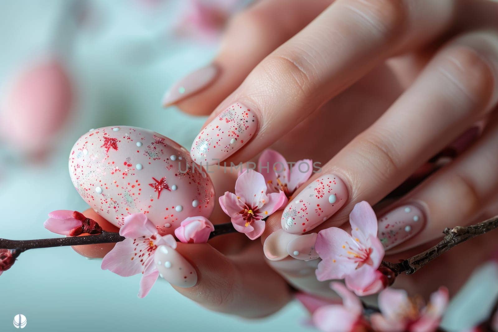 woman's hand with beautiful manicure Spring Easter Nail Design Art holding Easter egg. ai generated
