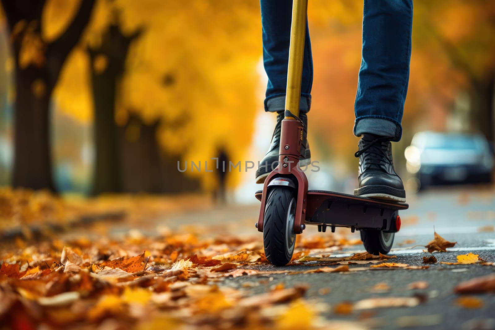 Man Riding Electric Scooter Outdoors. Generative AI.