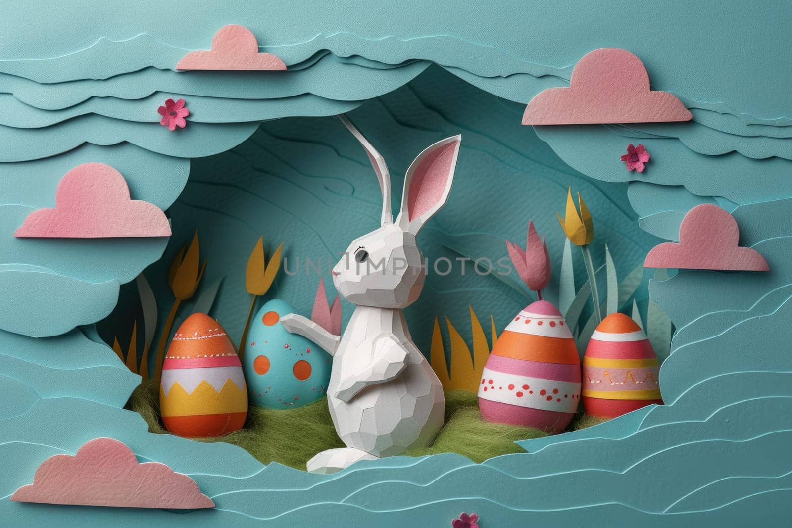 Different layers of abstract paper waves, easter theme with flowers, eggs and bunnies. ai generated