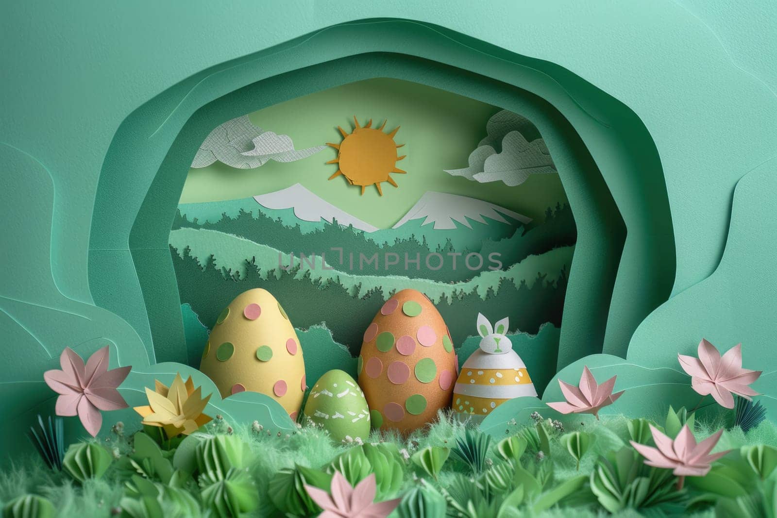 Different layers of abstract paper waves, easter theme with flowers, eggs and bunnies. ai generated