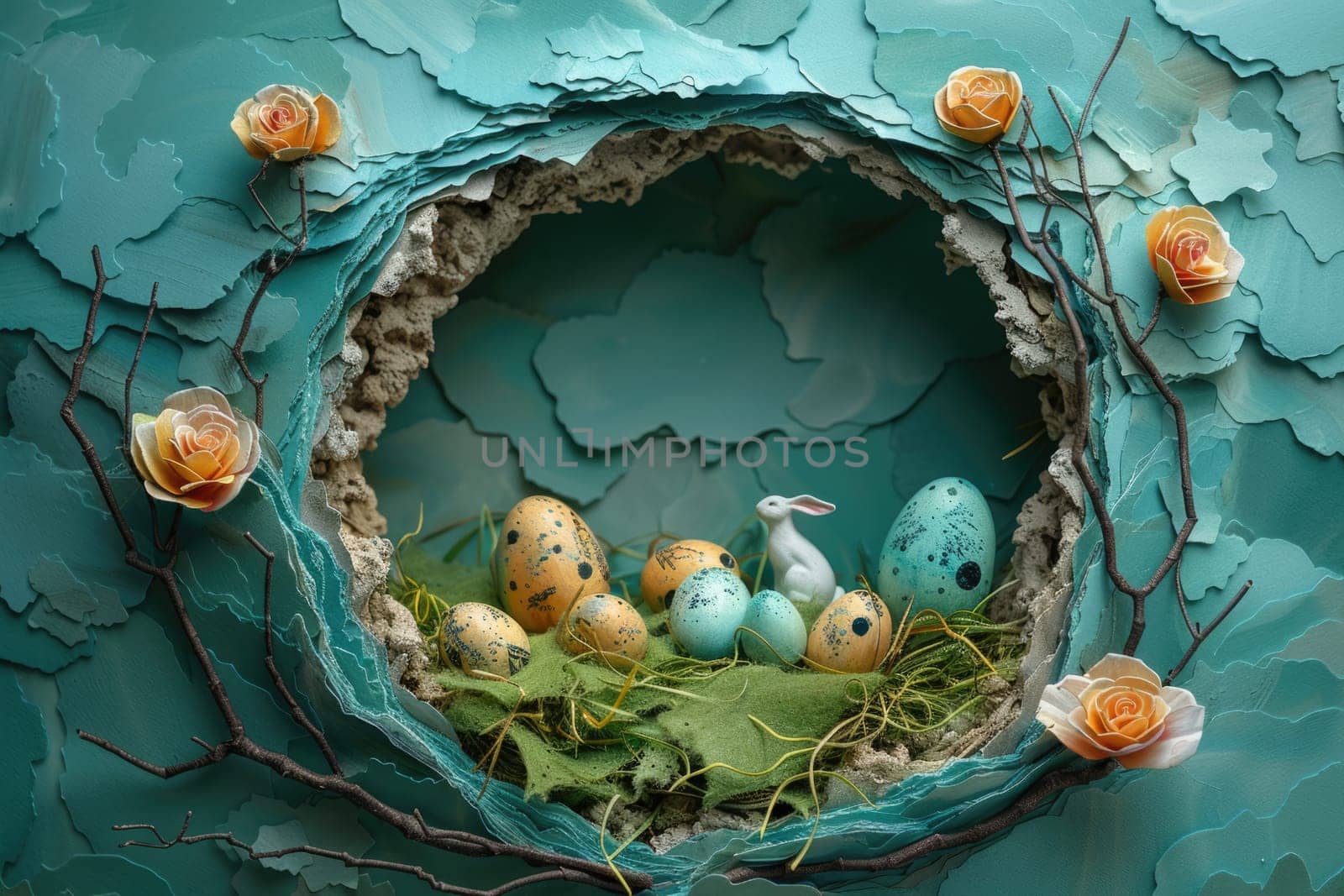 Different layers of abstract paper waves, easter theme with flowers, eggs and bunnies. ai generated