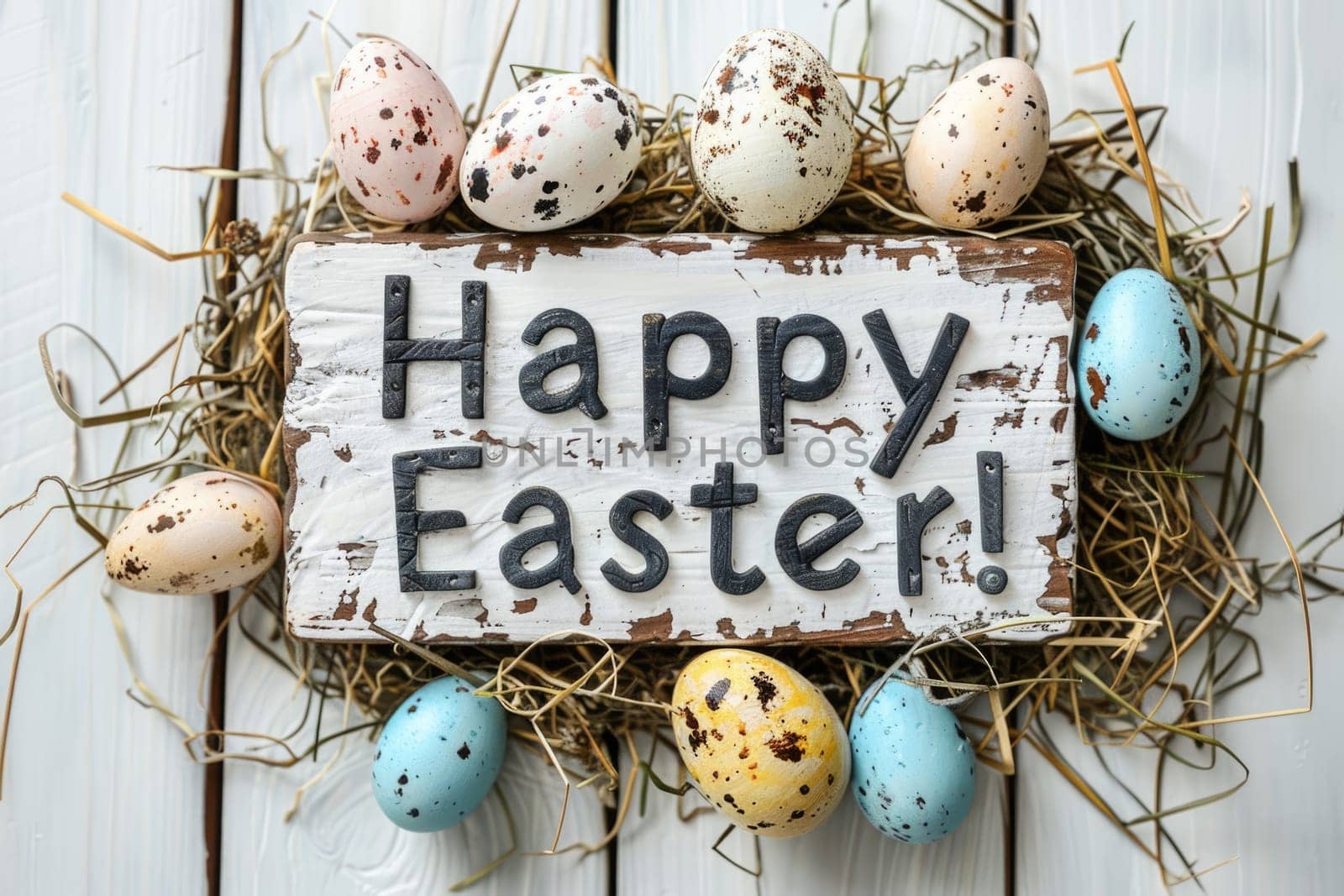text happy Easter and pastel colored eggs on white background. ai generated