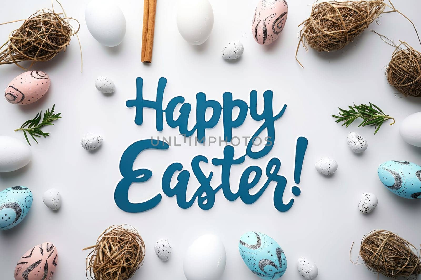 text happy Easter and pastel colored eggs on white background. ai generated