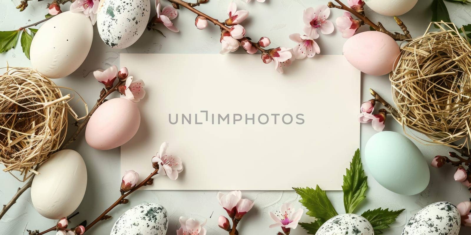 Greeting card mockup with branch of flowers, top view, flat lay. ai generated by Desperada