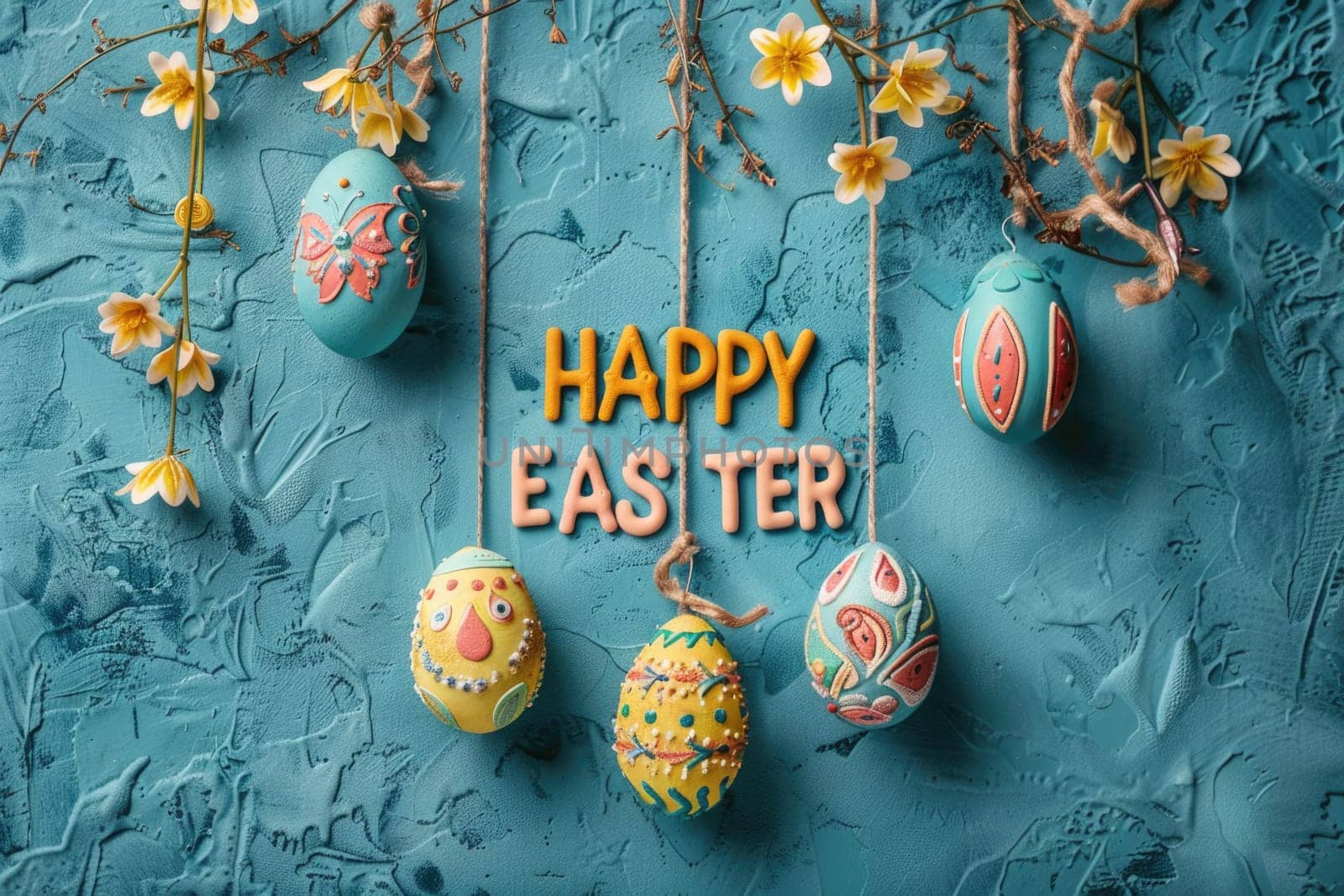 text happy Easter and pastel colored eggs on blue background. ai generated