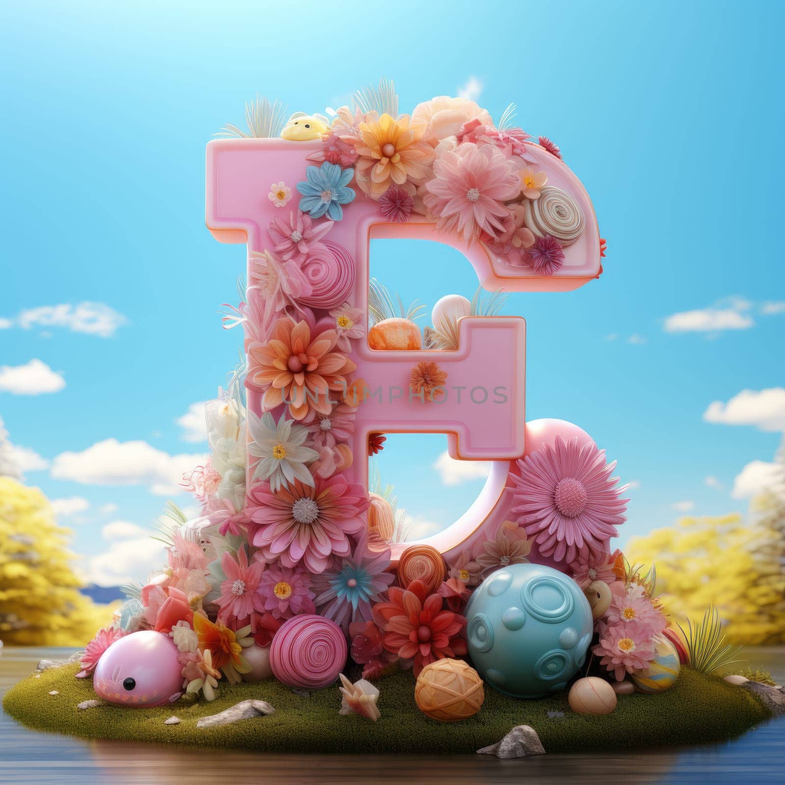 Letter E with easter decorations. ai generated by Desperada