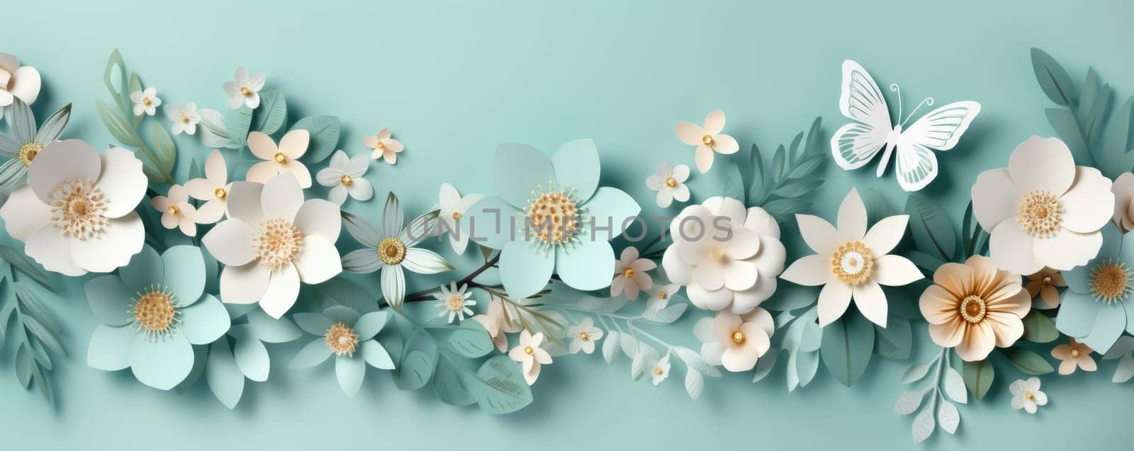 Paper cut spring flowers and leaves, illustration. Fresh spring nature background. Floral banner, poster, flyer template with copy space. ai generated