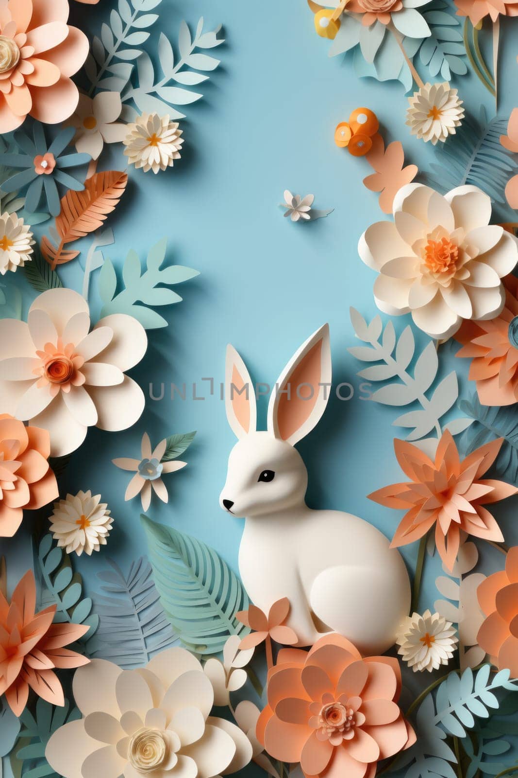 Paper cut spring flowers and leaves, illustration. Fresh spring nature background. Floral banner, poster, flyer template with copy space. ai generated