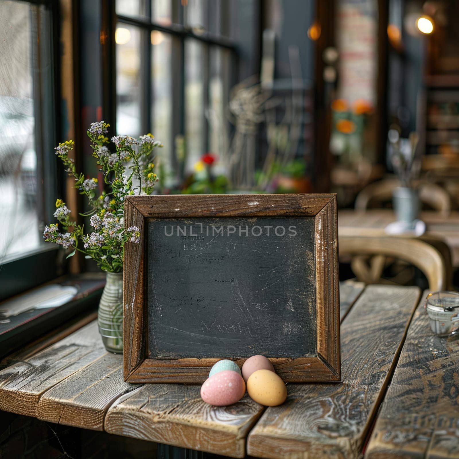 small blackboard outside restaurant decorated for easter . ai generated