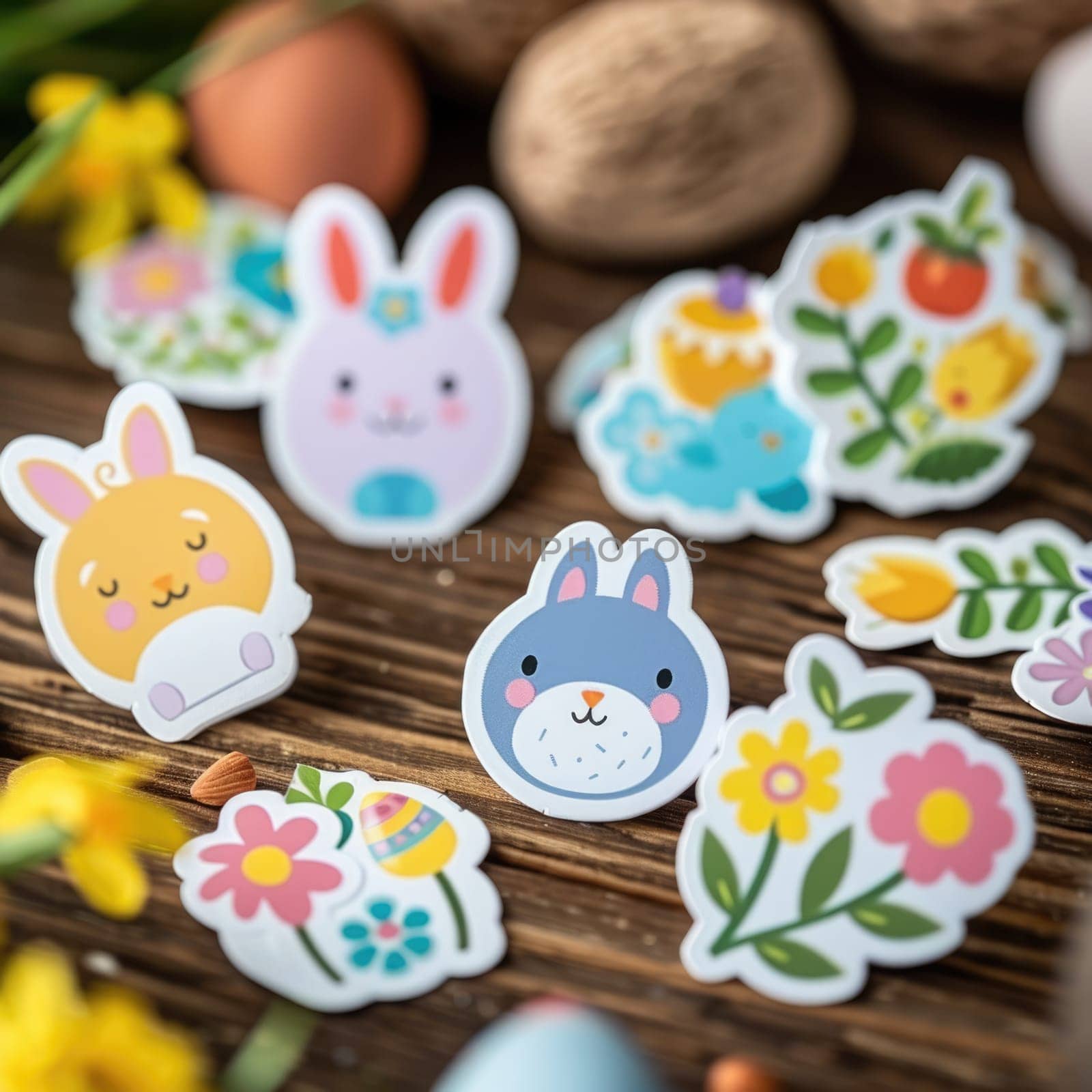 easter styled paper stickers on wooden background. Leisure activity for children. ai generated