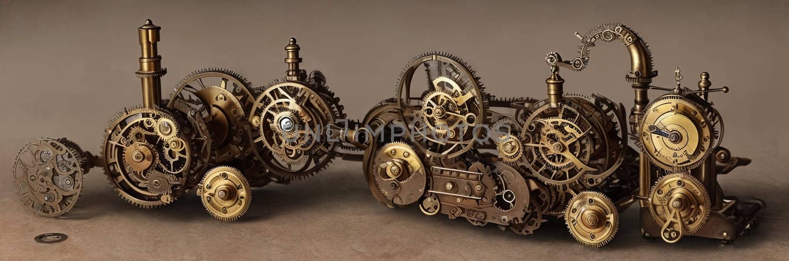 Steampunk Clockwork: An intricate mechanism blending gears, cogs, vintage brass elements, evoking Victorian-era technology. Generative AI by GoodOlga