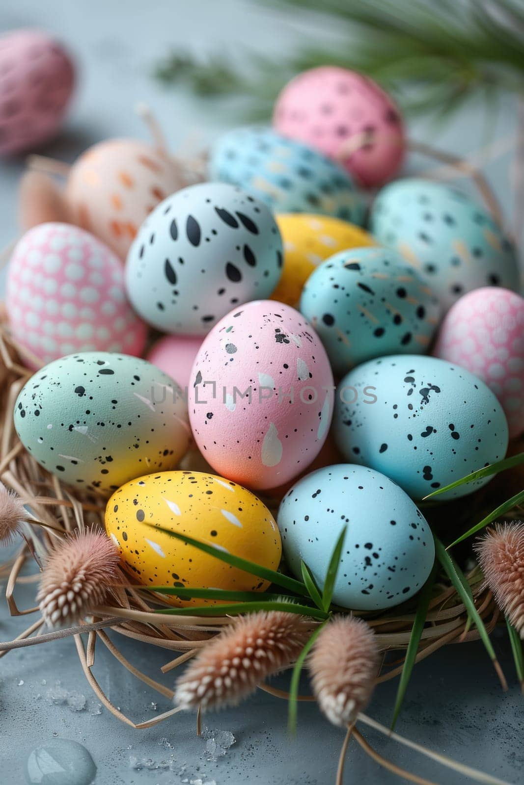 Easter pastel colored eggs and flowers. ai generated by Desperada