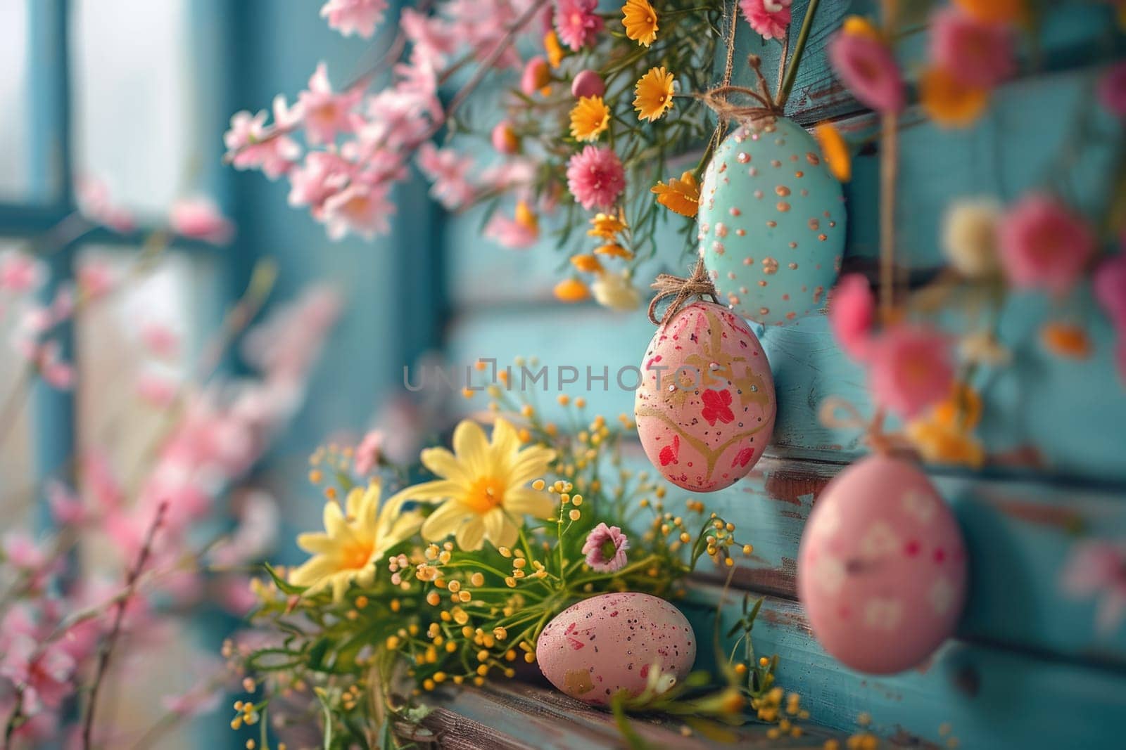 Easter pastel colored eggs and flowers on window. ai generated by Desperada