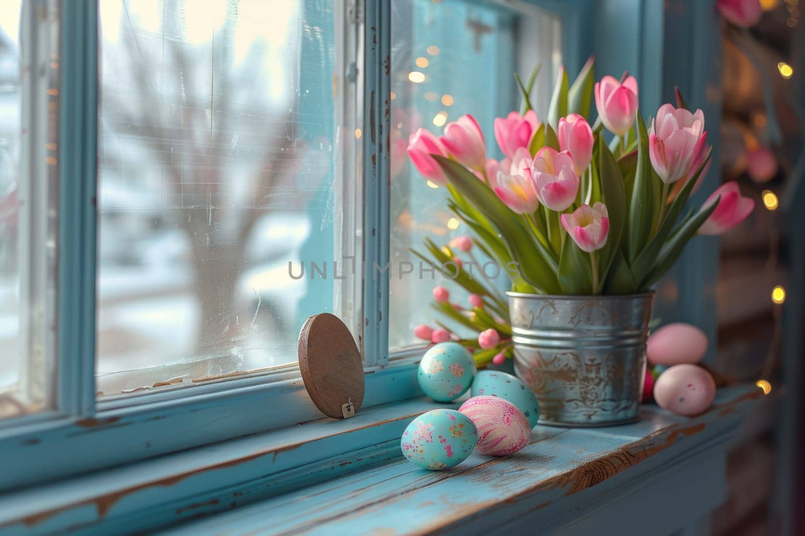 Happy easter. Easter pastel colored eggs and flowers, decorations on window. ai generated