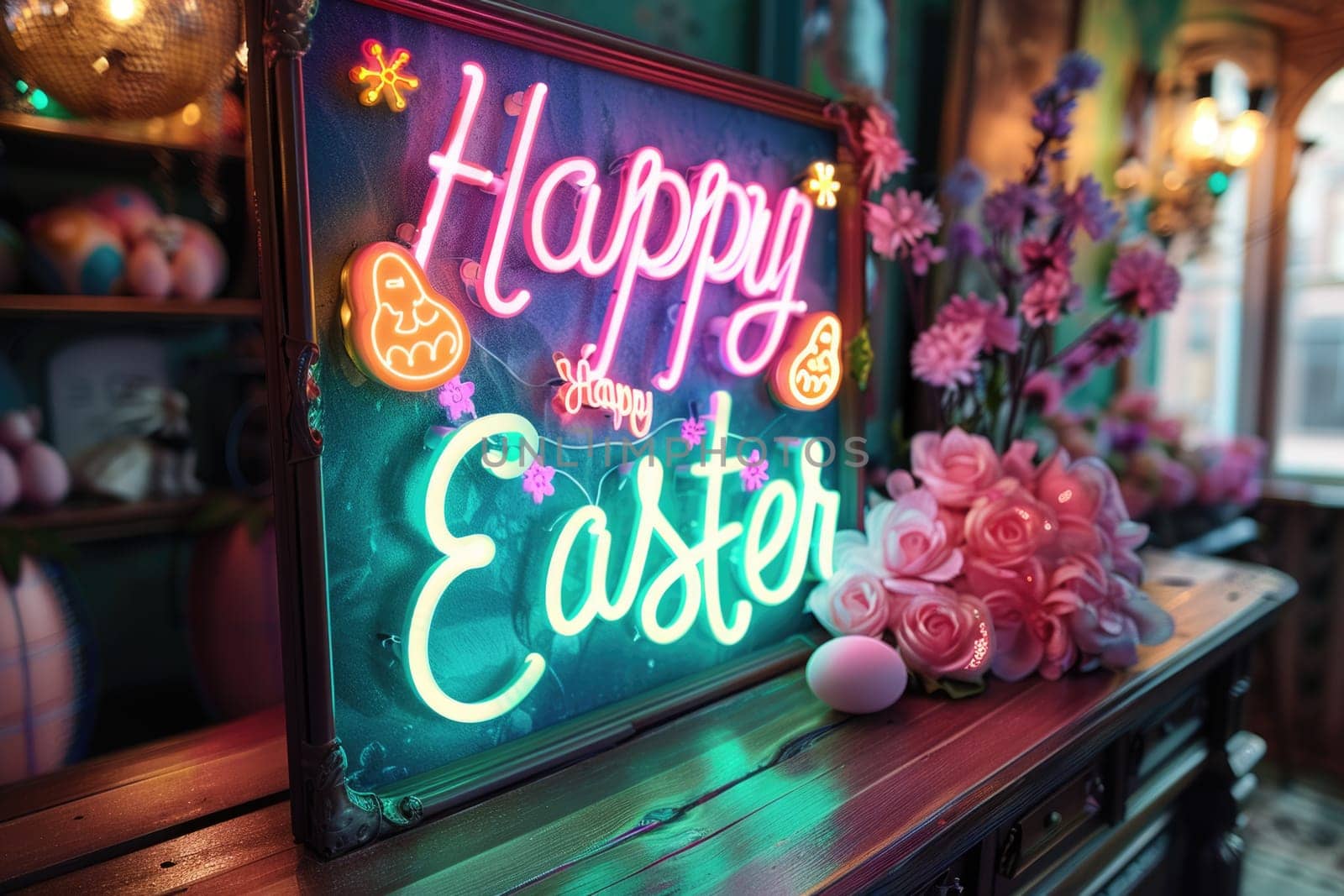 Happy Easter taxt on creative neon style greeting card. eggs, feathers. ai generated