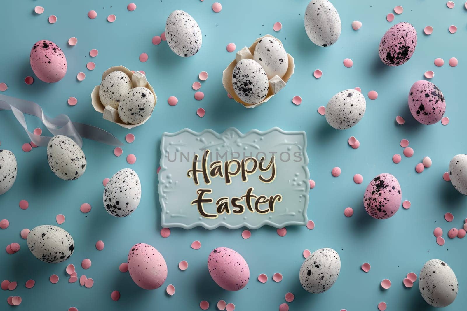 text happy Easter and pastel colored eggs on blue background. ai generated