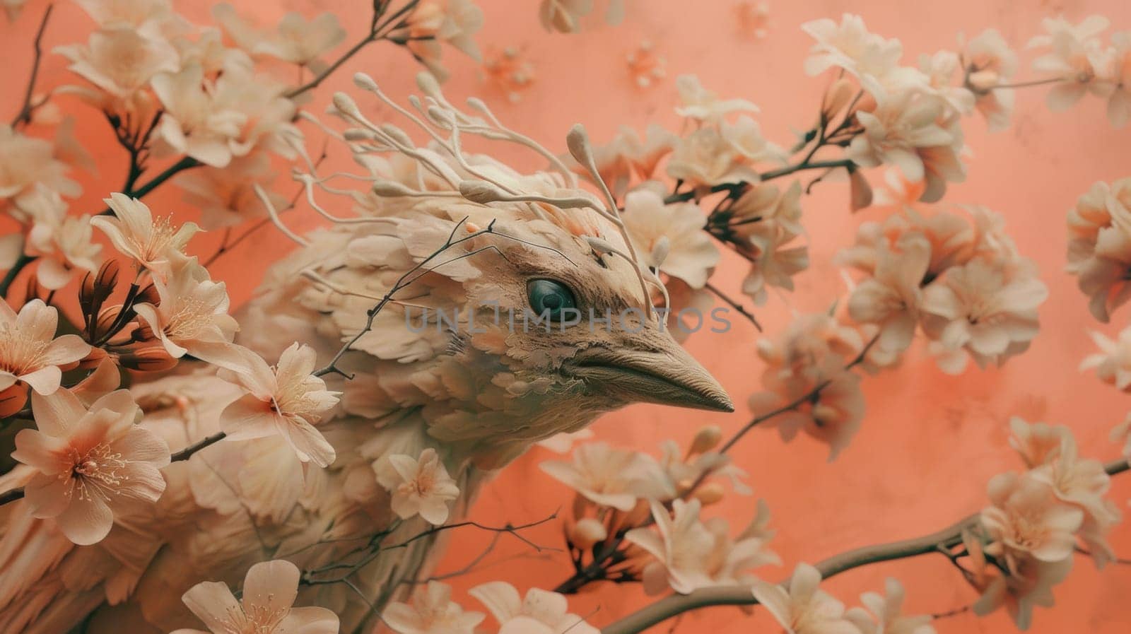 A close up of a bird with branches and flowers on it