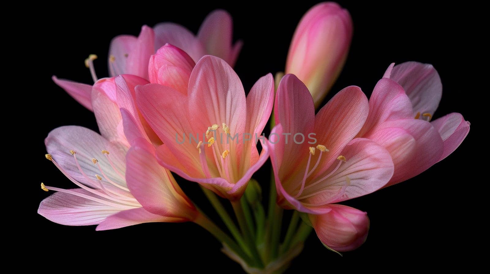 A close up of a bunch of pink flowers on black background