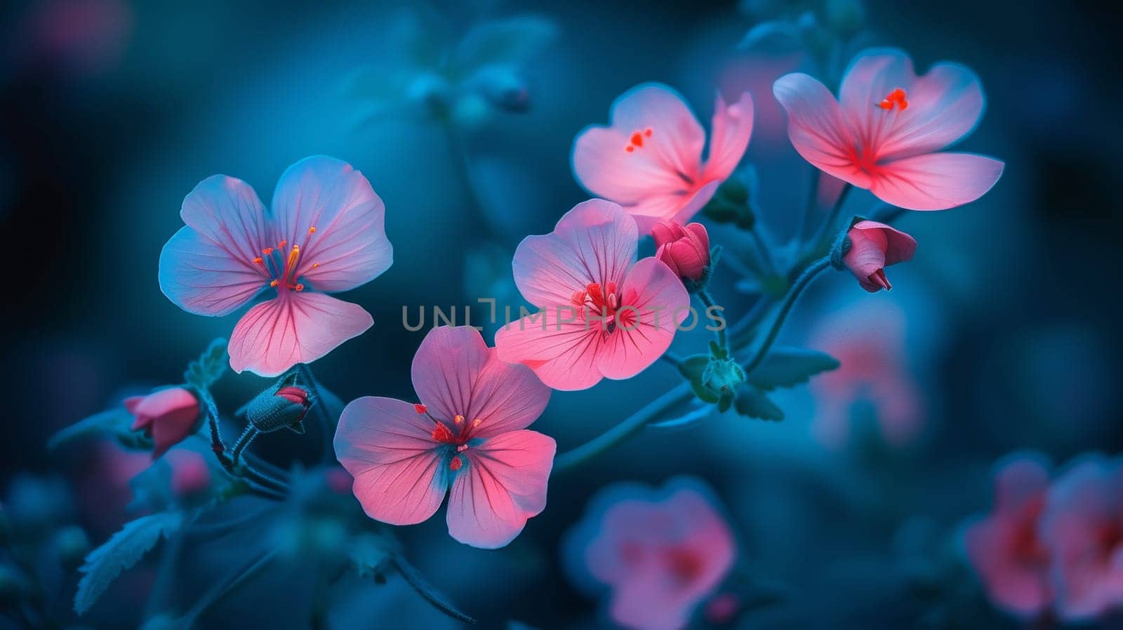 A close up of a bunch of pink flowers with blue leaves