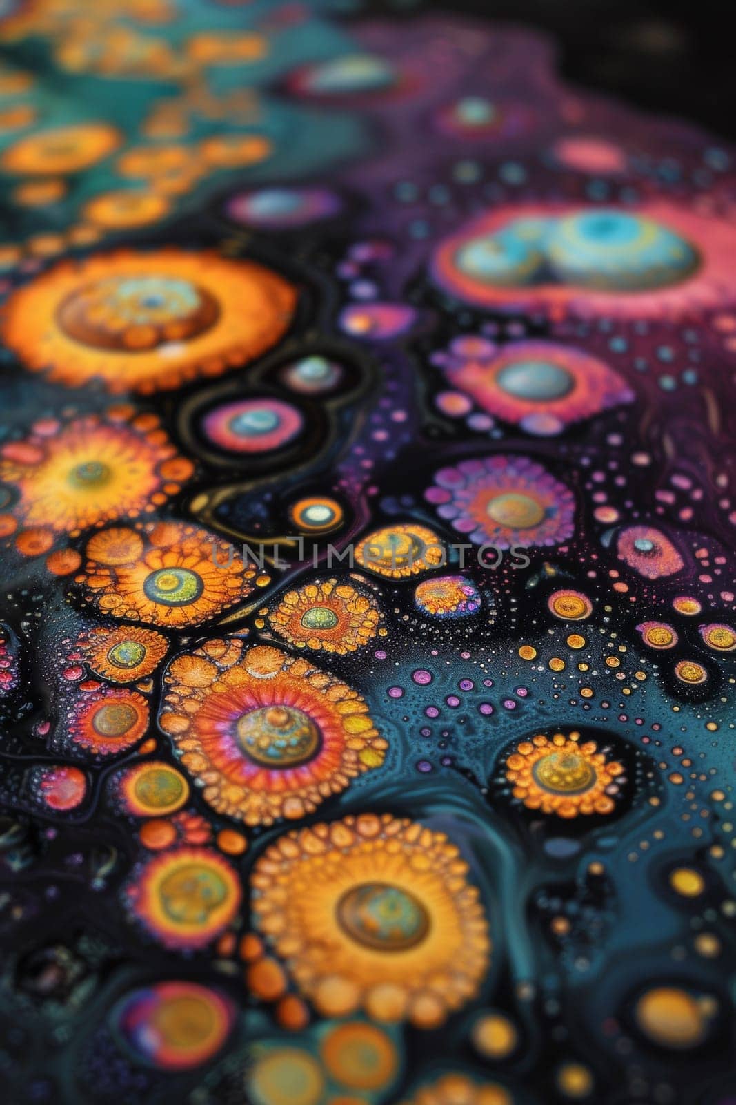 A close up of a painting with many different colors and designs
