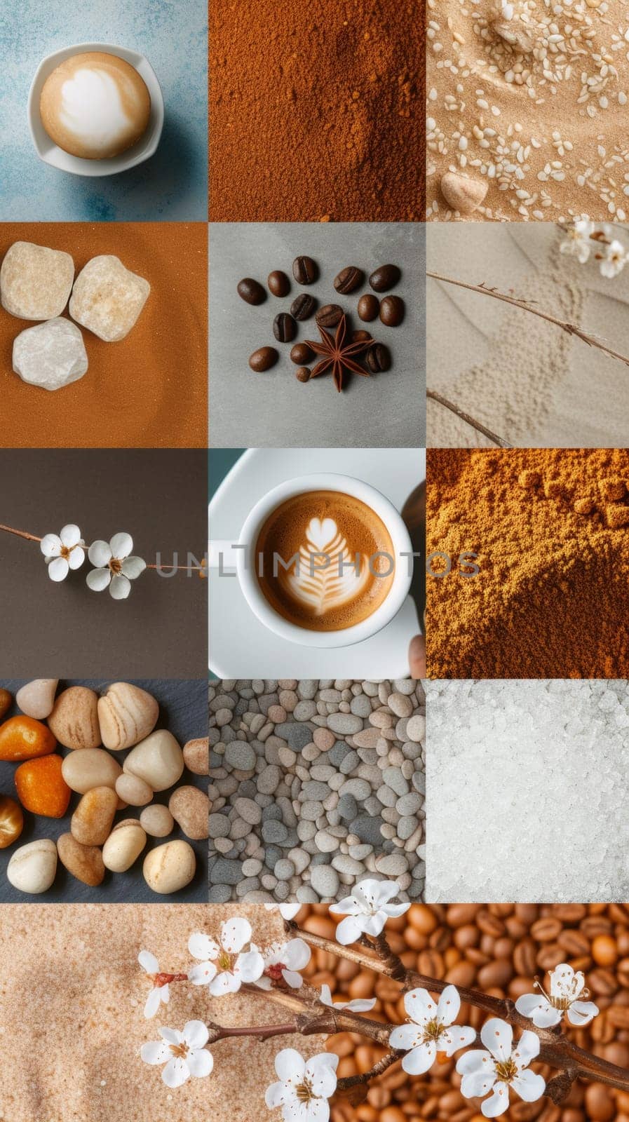A collage of a variety of images including coffee, flowers and rocks