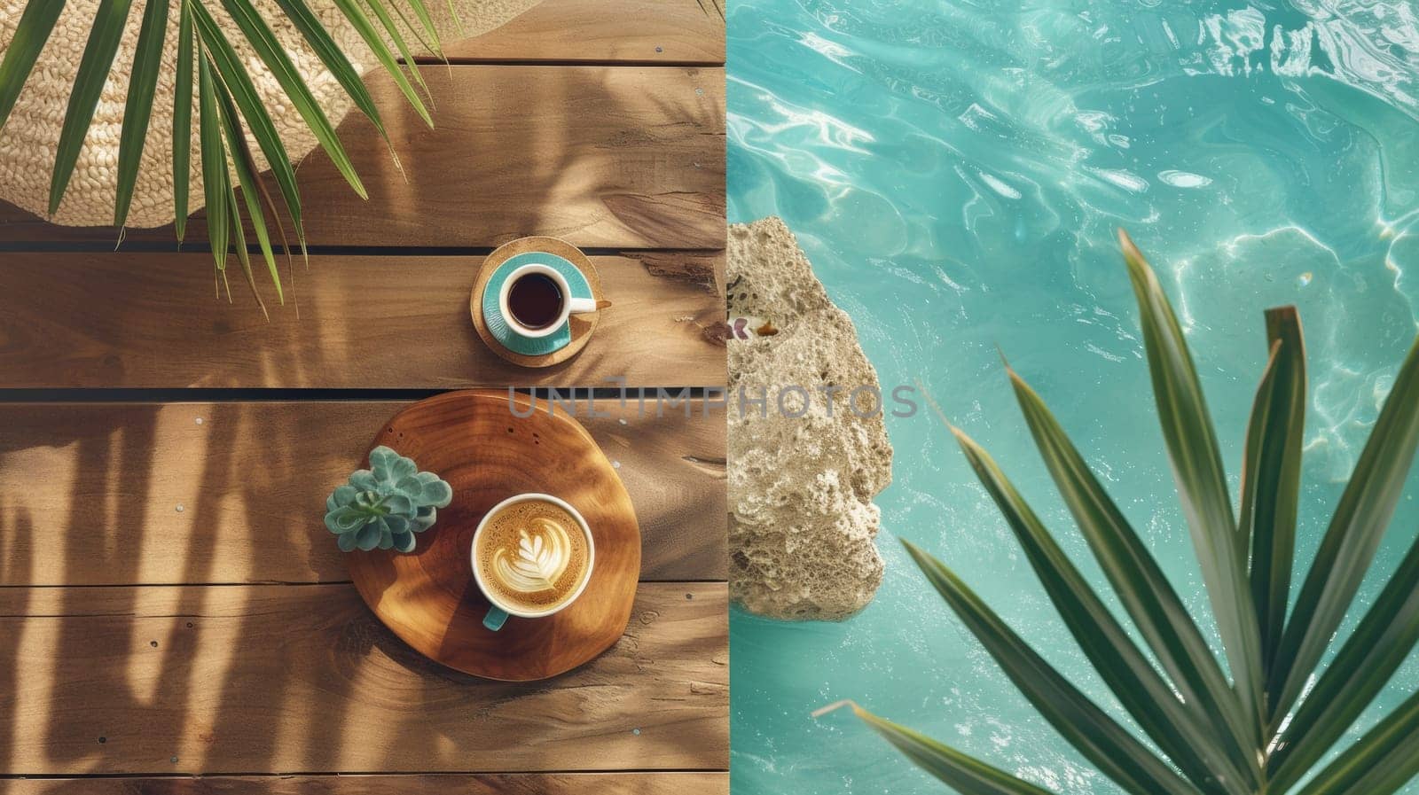 A coffee cup and saucer on a wooden table next to the ocean