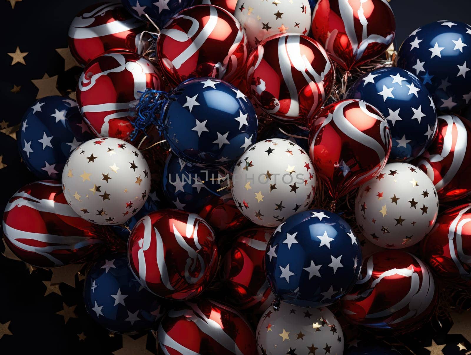 A grouping of red, white, and blue ornaments stacked on top of each other.