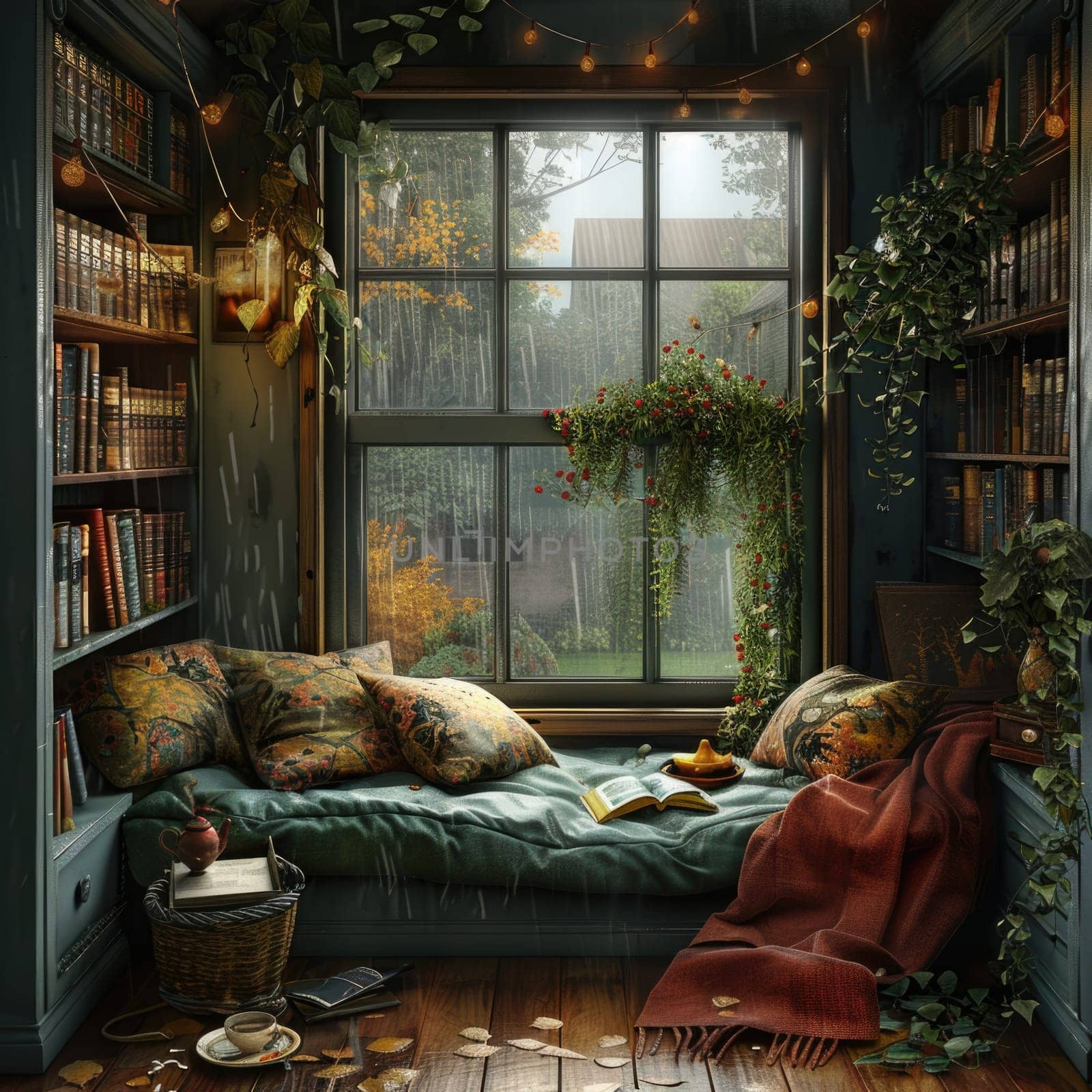 A room filled with numerous books and lush green plants, creating a cozy indoor reading space.