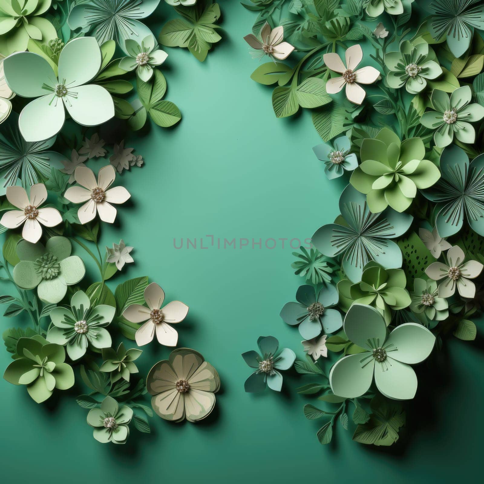 Paper flowers in various colors arranged on a vibrant green background.