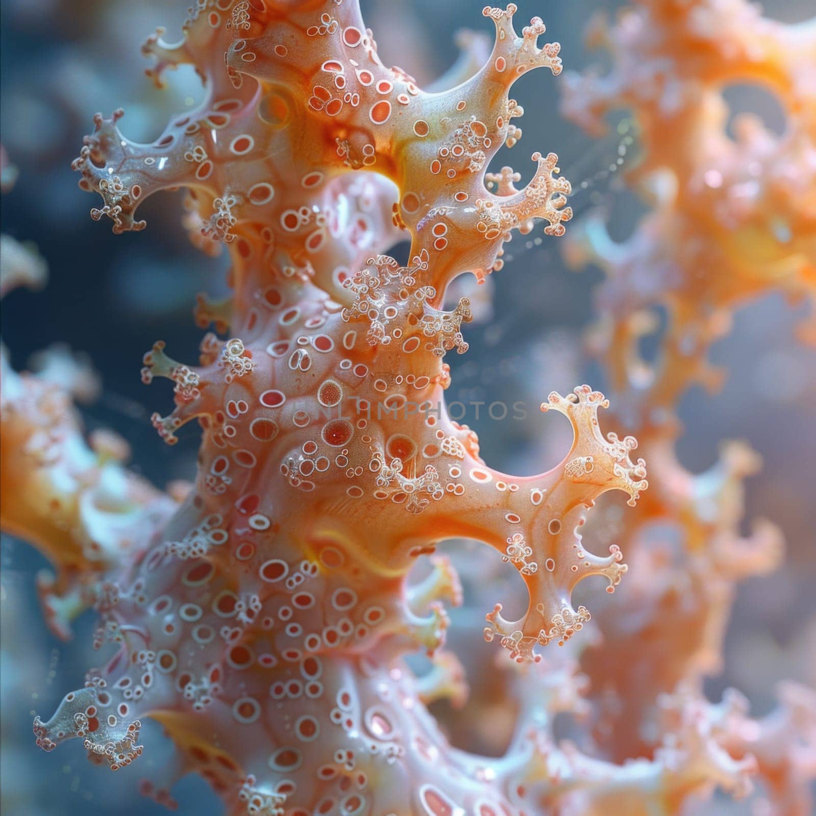 Detailed view of a coral structure covered with numerous small bubbles.