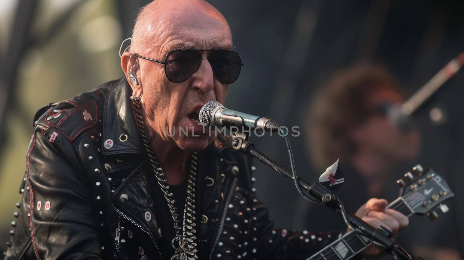 A man in leather jacket with sunglasses and a guitar