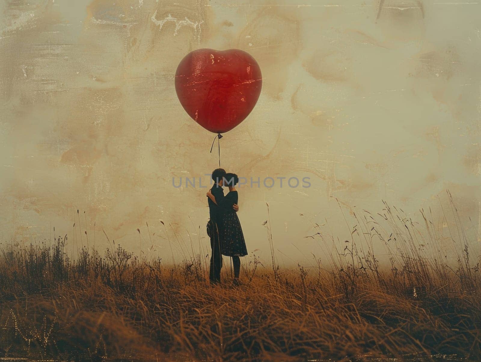 A painting depicting a person tenderly holding a heart-shaped balloon.