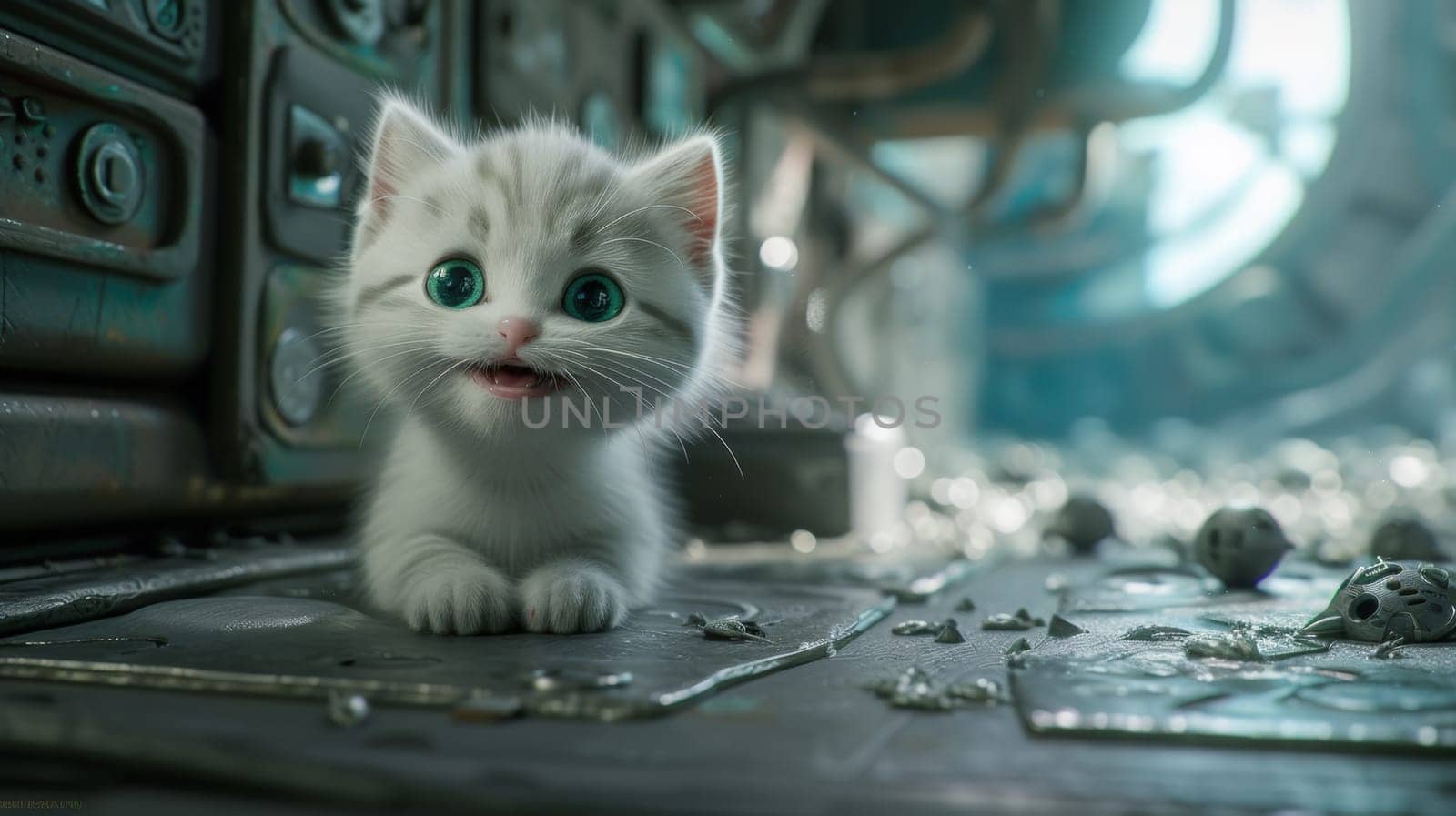 A white kitten with green eyes sitting on a table