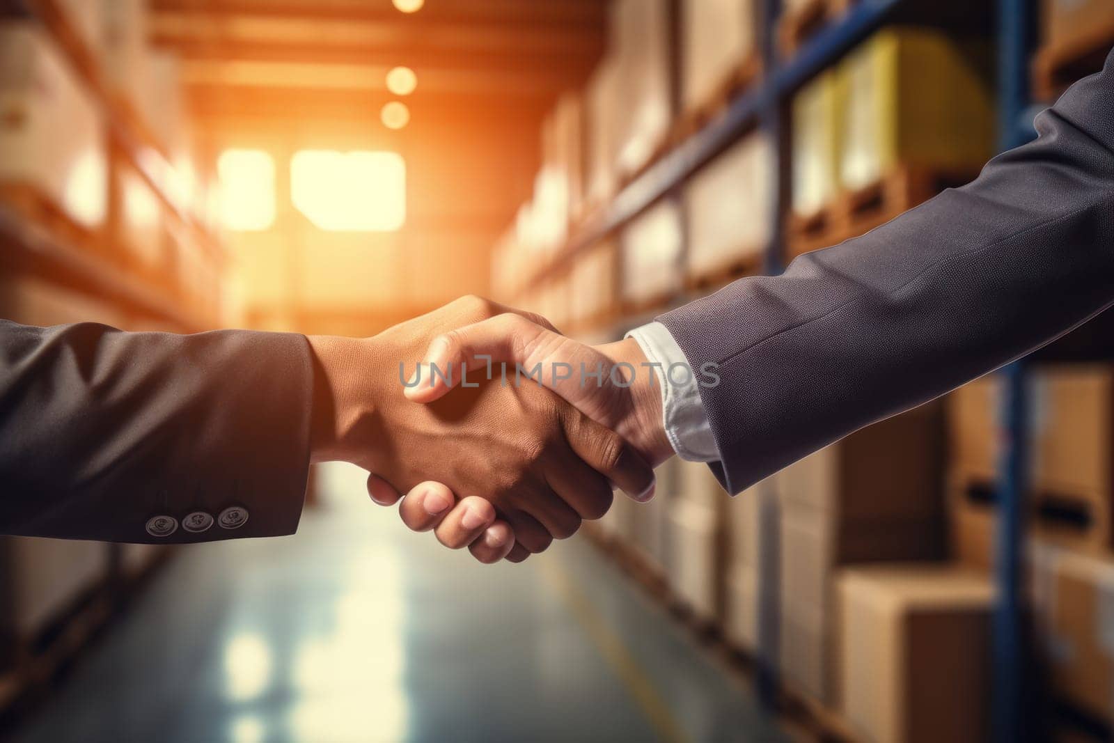 businessman handshake of business deal with logistic. Generative AI. by matamnad