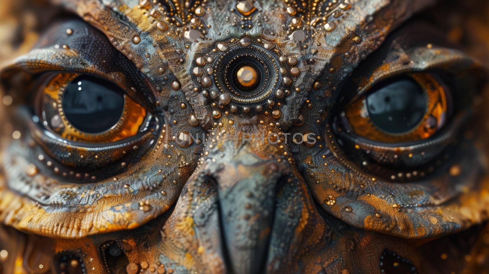 A close up of a bird's face with lots of eyes