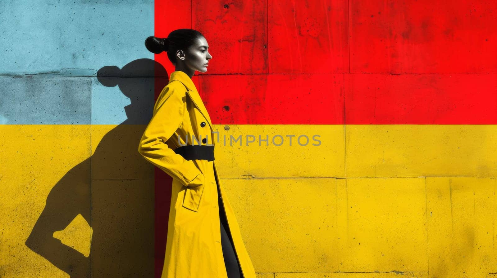 A woman in a yellow trench coat standing next to colorful wall