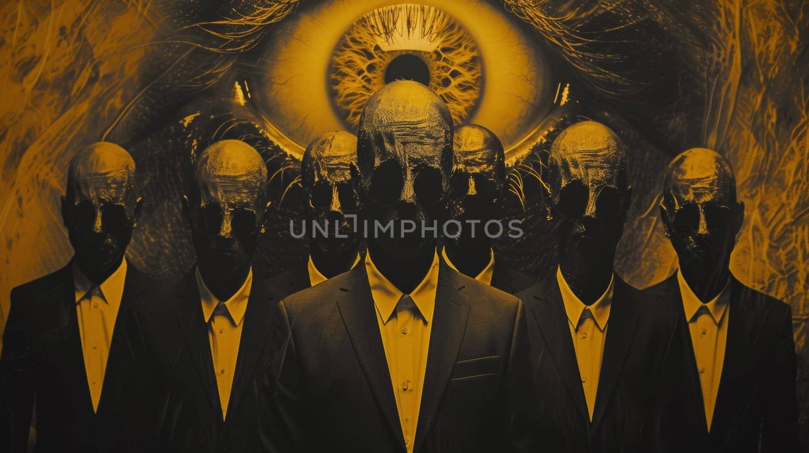 A group of men in suits with a large eye behind them