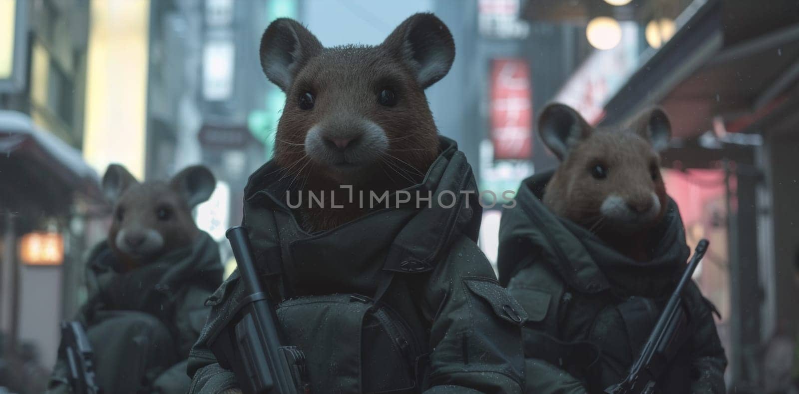 Three rats in military gear with guns walking down a street