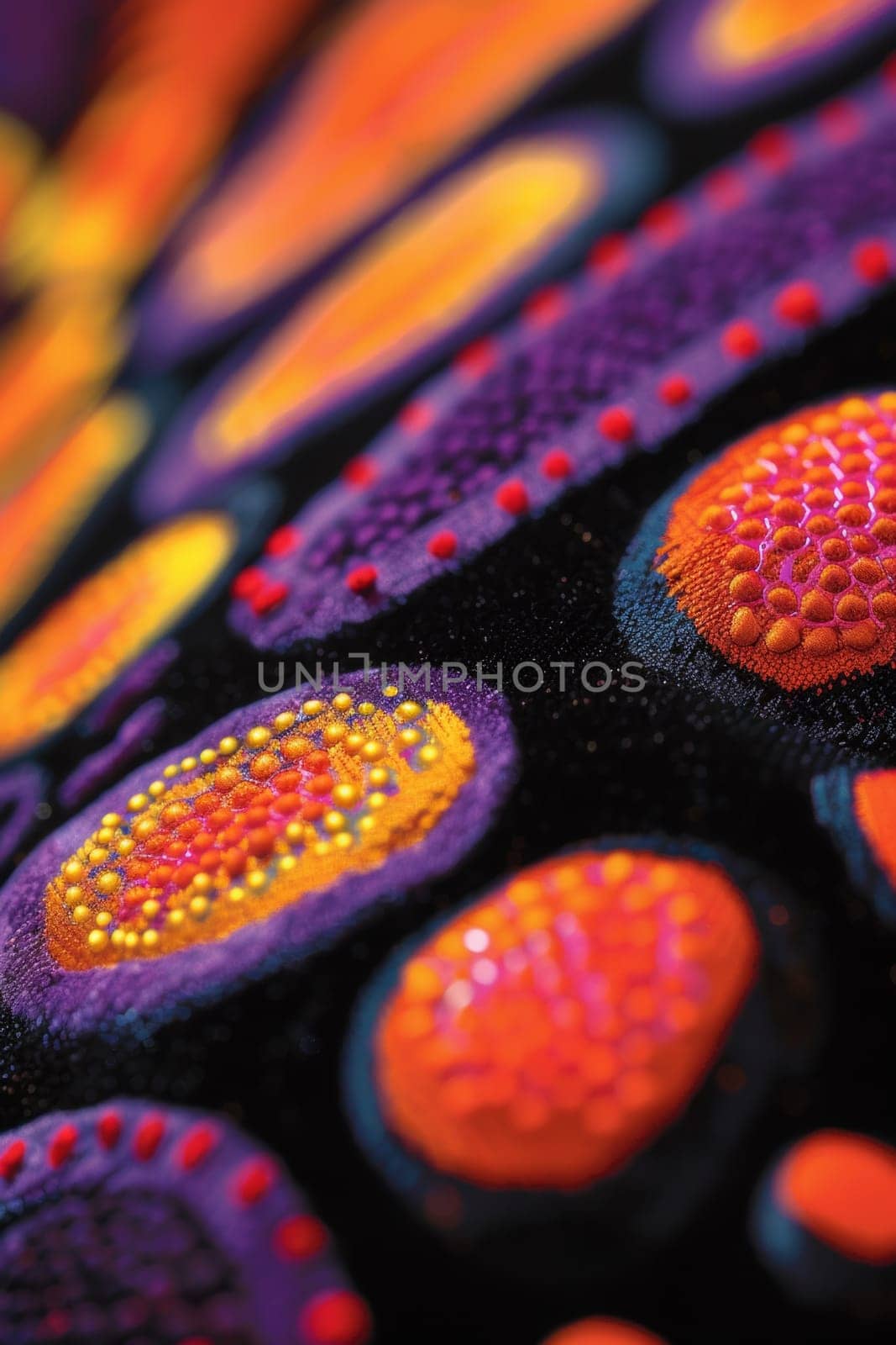 A close up of a colorful pattern on fabric with dots and circles